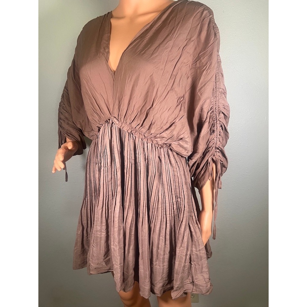 Mustard Seed Dress Boho Mini Ruched Sleeve Deep V-Neck Fairycore Cottagecore